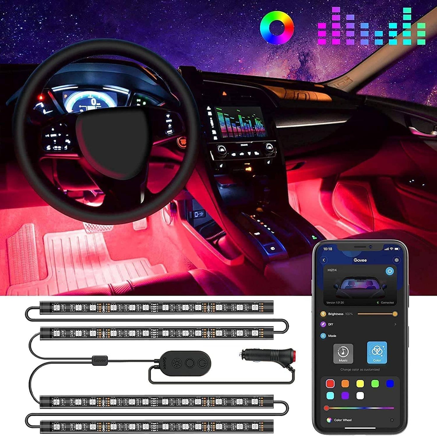 Luces LED Govee RGB para Auto – 16 Colores + Control App y Modo Música